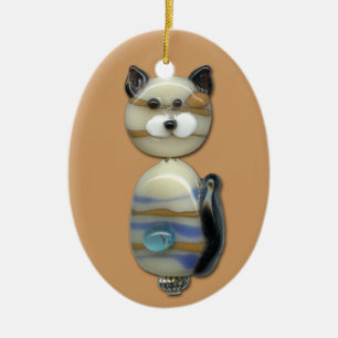 Blue Brown Glass Bead Cat Ceramic Ornament