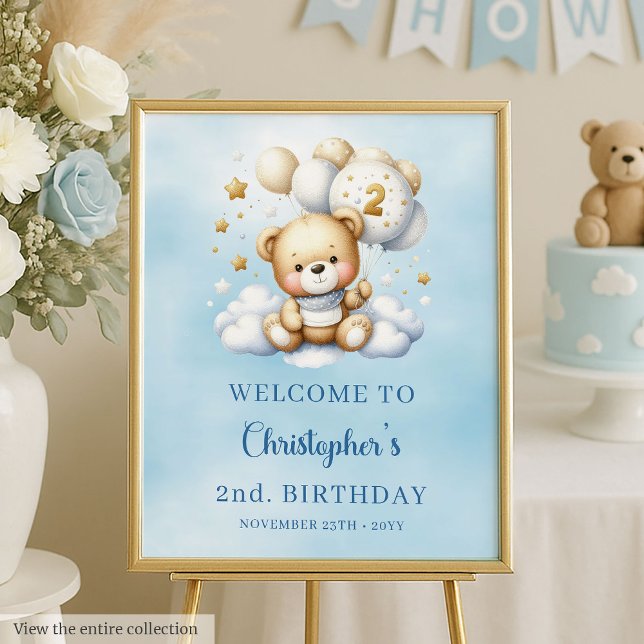 Blue Brown Gold 2nd Birthday Teddy Bear Poster (Blue Brown Gold 1st Birthday Teddy Bear Poster)