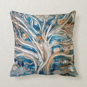 Blue Brown Gold Abstract Tree Throw Pillow