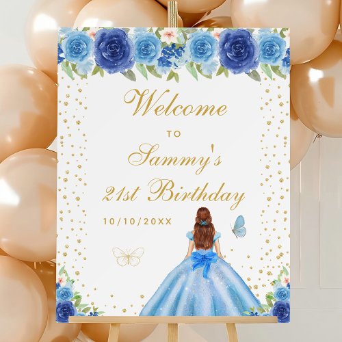 Blue Brown Hair Girl Birthday Party Welcome Foam Board