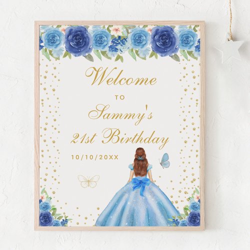 Blue Brown Hair Girl Birthday Party Welcome Poster