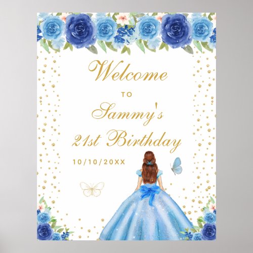 Blue Brown Hair Girl Birthday Party Welcome Poster