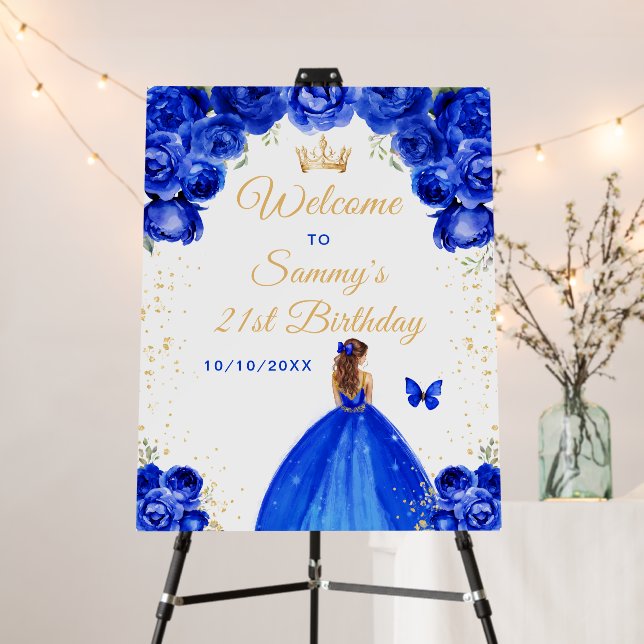 Blue Brown Hair Princess Birthday Welcome Foam Board (In Situ (Stand))