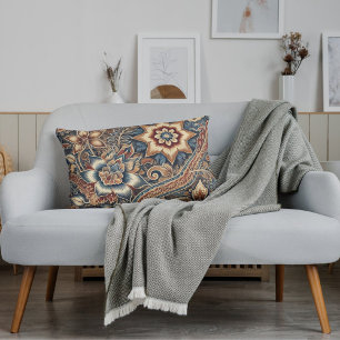 Blue Brown Ivory Indonesian Batik Floral Pattern Lumbar Pillow