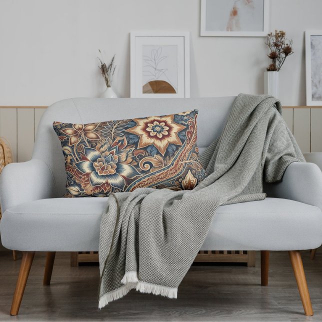 Blue Brown Ivory Indonesian Batik Floral Pattern Lumbar Pillow (Creator Uploaded)
