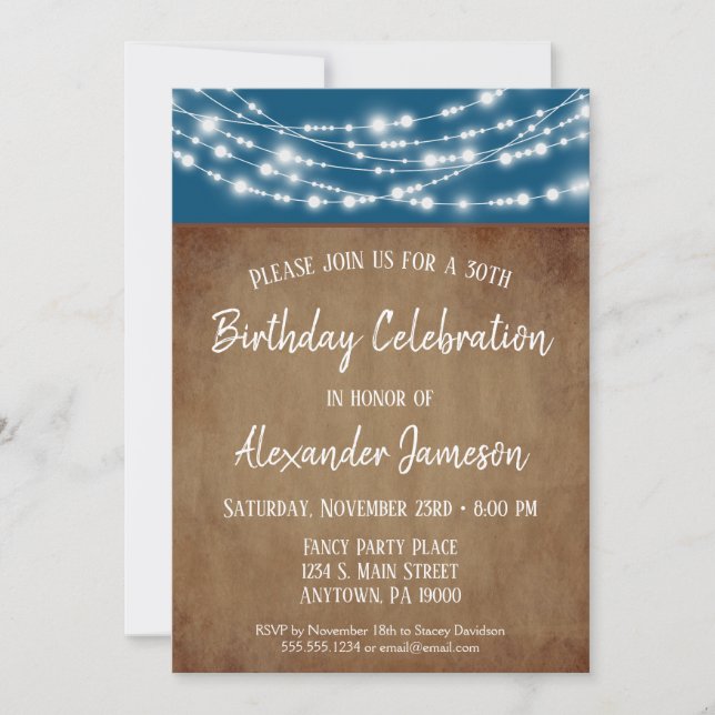 Blue Brown Lights Birthday Party Invitation Adult (Front)