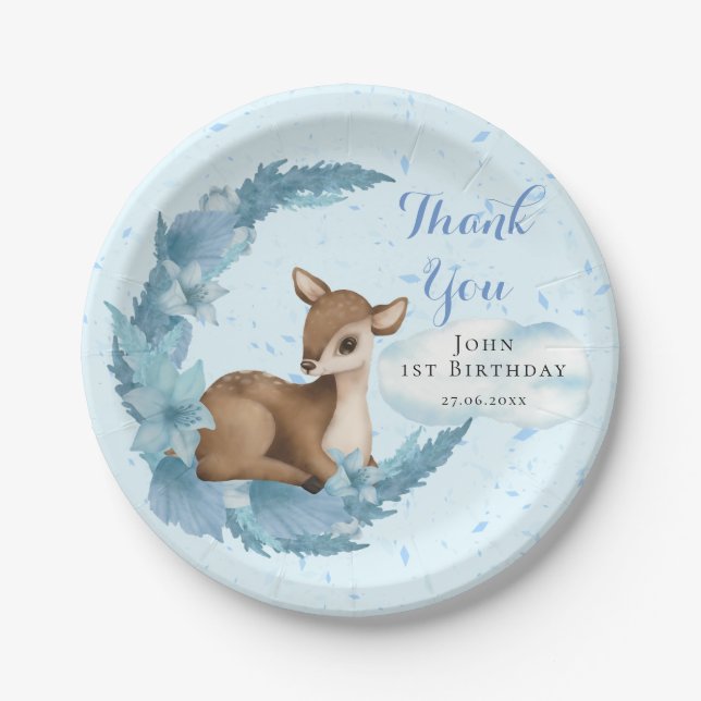 Blue Brown Little Bambi Dust Cloud Birthday Boy Paper Plates (Front)