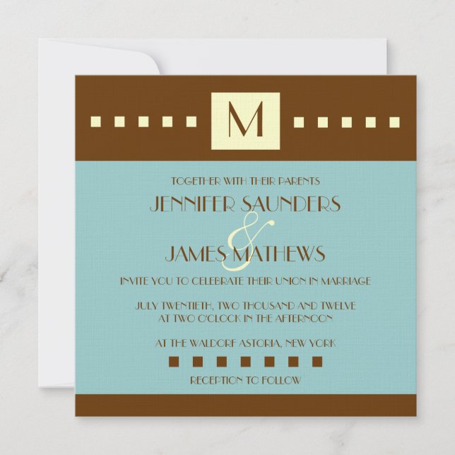 Blue Brown Monogram Art Deco Wedding Invitation (Front)