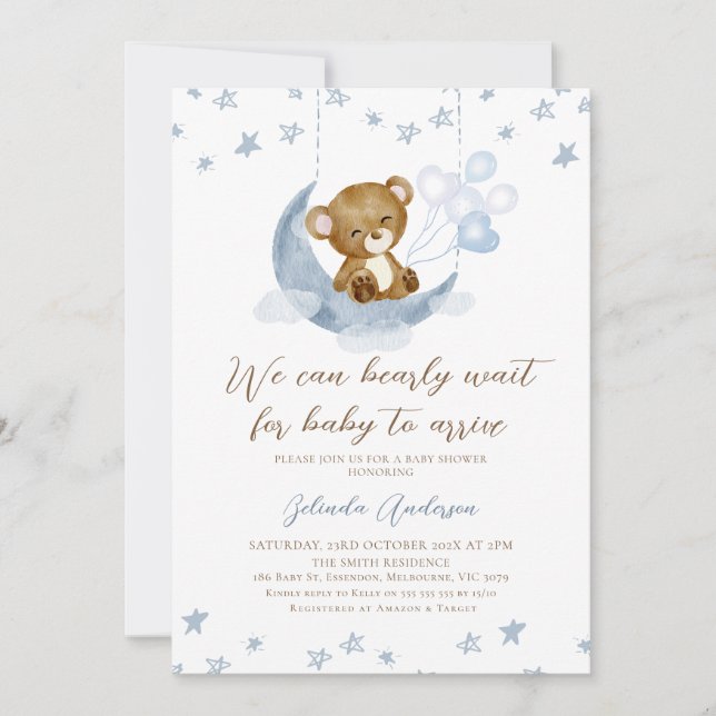 Blue Brown Moon We Can Bearly Wait Baby Shower  Invitation (Front)