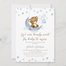 Blue Brown Moon We Can Bearly Wait Baby Shower Invitation