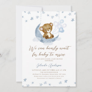 Blue Brown Moon We Can Bearly Wait Baby Shower Invitation