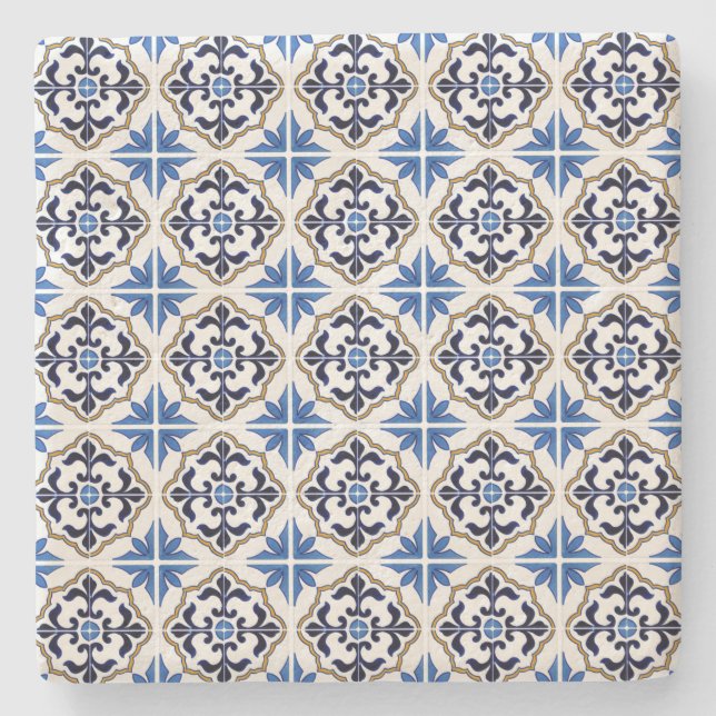 Blue Brown Moroccan Tile Stone Coaster (Front)
