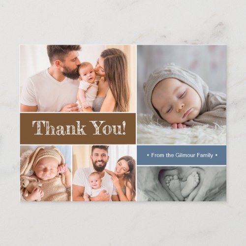 Blue Brown new baby boy photo collage Baby Shower Postcard