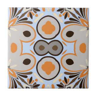 Blue Brown Orange Boho Ethnic Geometric Pattern Ceramic Tile