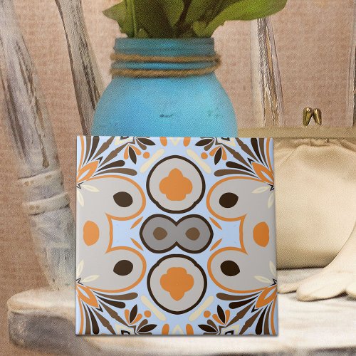 Blue Brown Orange Boho Ethnic Geometric Pattern Ceramic Tile