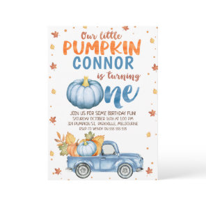 Blue Brown Orange Pumpkin Truck 1st Birthday Invitation
