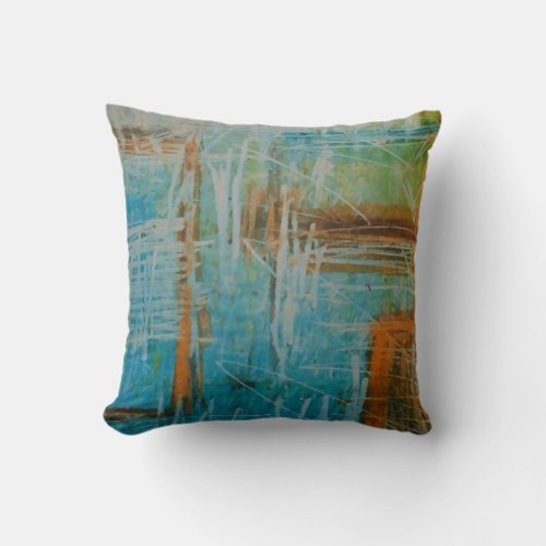 Blue Brown Orange Soft Color Abstract Painting Throw Pillow