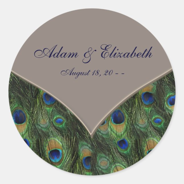 Blue Brown Peacock Wedding Favor Label (Front)