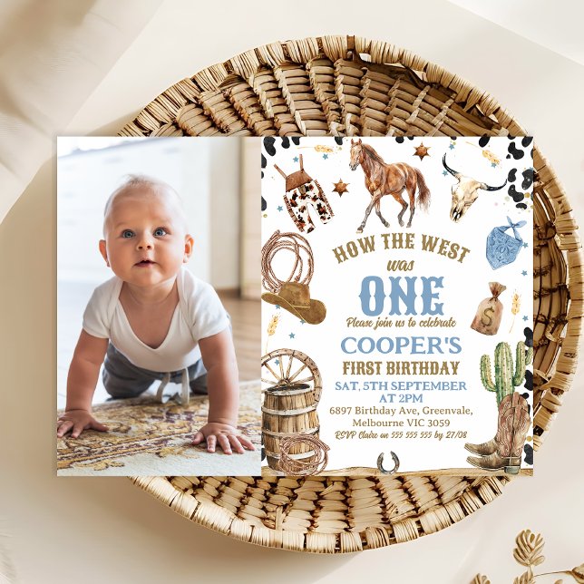 Blue Brown Photo How The West Was One 1st Birthday Invitation (How The West Was One 1st Birthday Invitation With Horse, Cowboy 1st Birthday Invitation Template)