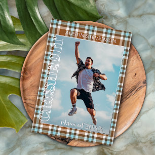 Blue Brown Plaid Gold Foil Graduation Announcement