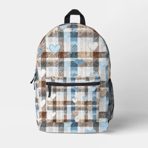 Blue & Brown Plaid Heart Backpack
