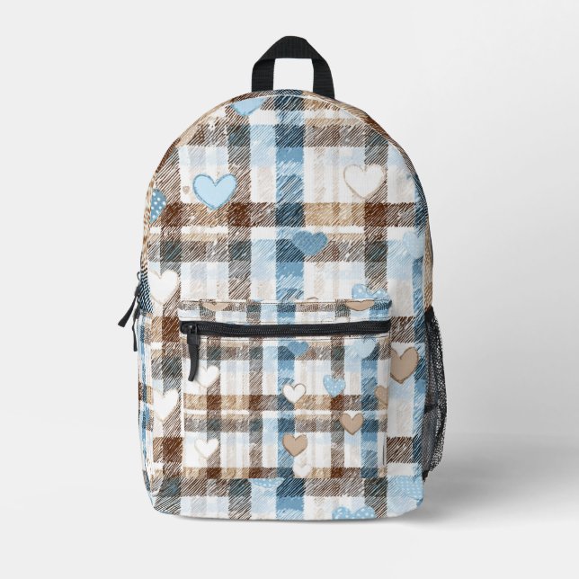 Blue & Brown Plaid Heart Backpack  (Front)