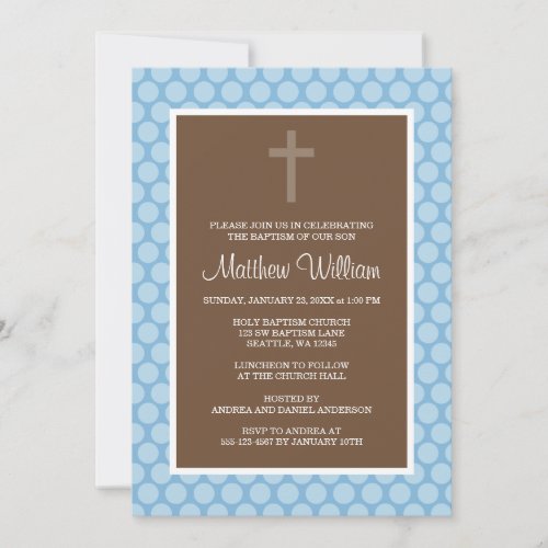 Blue Brown Polka Dot Cross Boy Baptism Christening Announcement