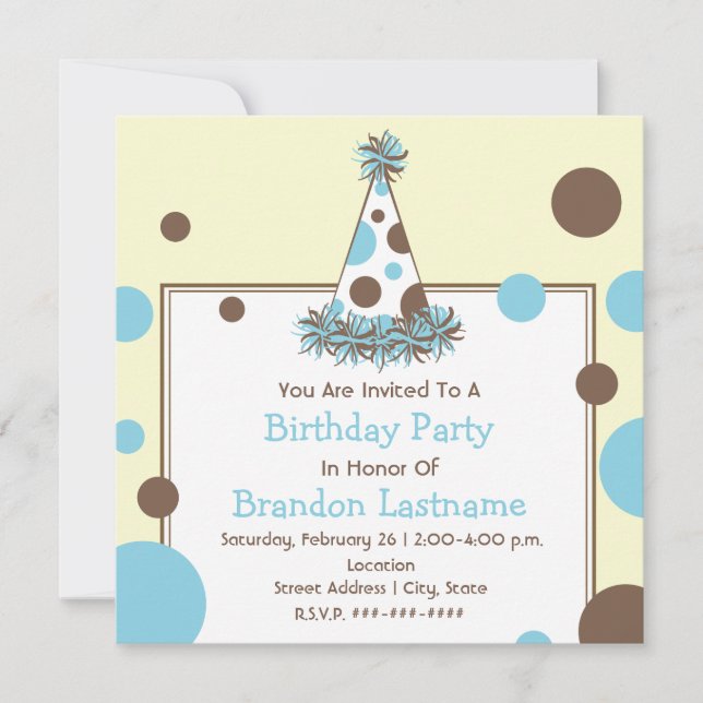 Blue & Brown Polka Dot Party Hat Birthday Invitation (Front)