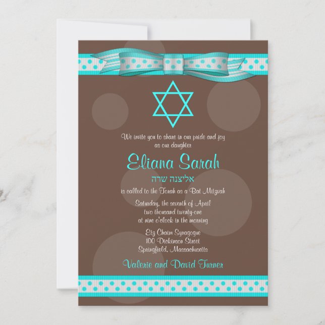 Blue Brown Polka Dot Ribbon Bat Mitzvah Invitation (Front)