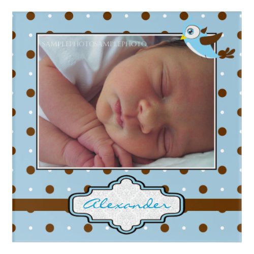 Blue brown polka dots and birdie baby boy photo acrylic print