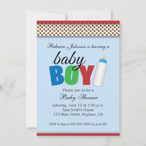 Blue  Brown Polka Dots Baby Shower Boy Invitation
