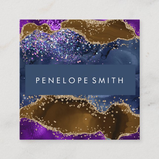 Blue Brown Purple Agate Abstract  Square Business Card (Front)