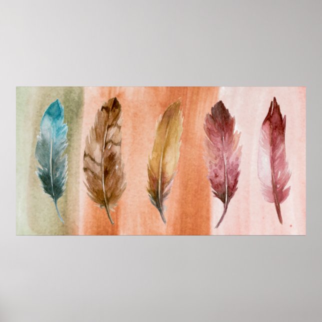 Blue Brown Red Feathers Wall Art Print (Front)