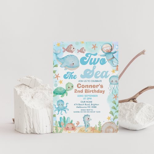 Blue Brown Retro Diver Two The Sea 2nd Birthday Invitation