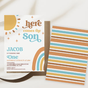 Blue Brown Retro Here Comes The Sun 1st Birthday Invitation