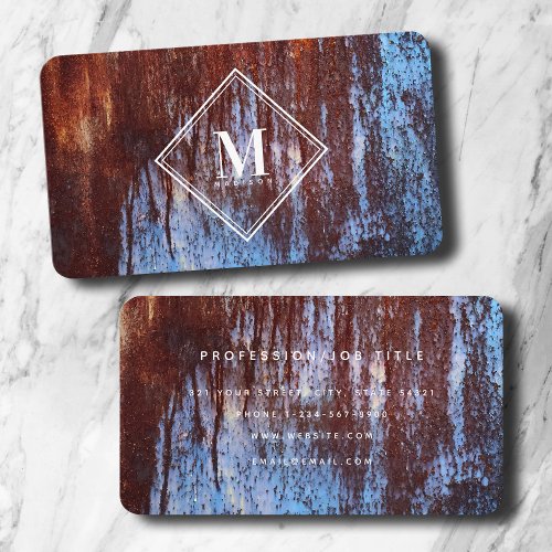 Blue Brown Rust Metallic Texture Monogram Initial Business Card