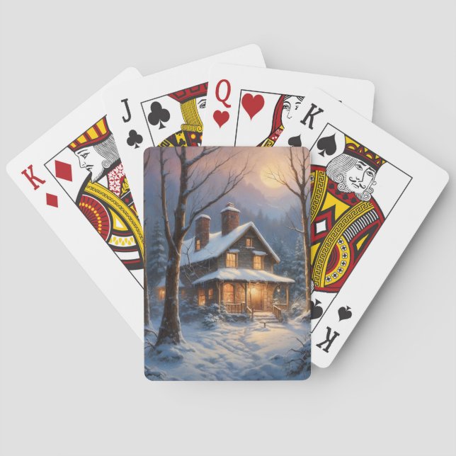 Blue Brown Rustic Winter Cabin Snow Painting  Poker Cards (Back)