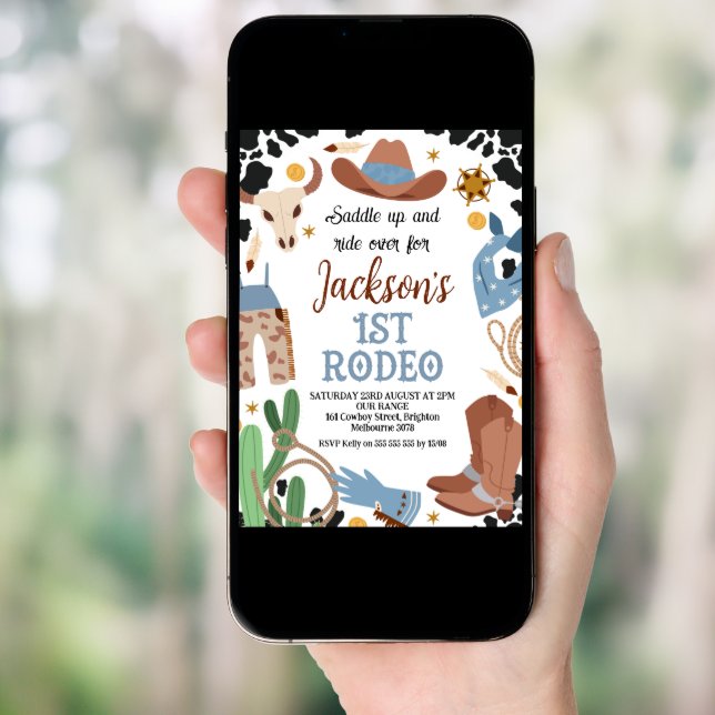 Blue Brown Saddle Up First Rodeo 1st Birthday  Invitation (Front Digital)