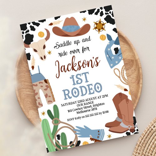 Blue Brown Saddle Up First Rodeo 1st Birthday  Invitation