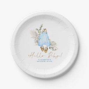 Blue Brown Sage Cute Boy Baby Shower Paper Plates