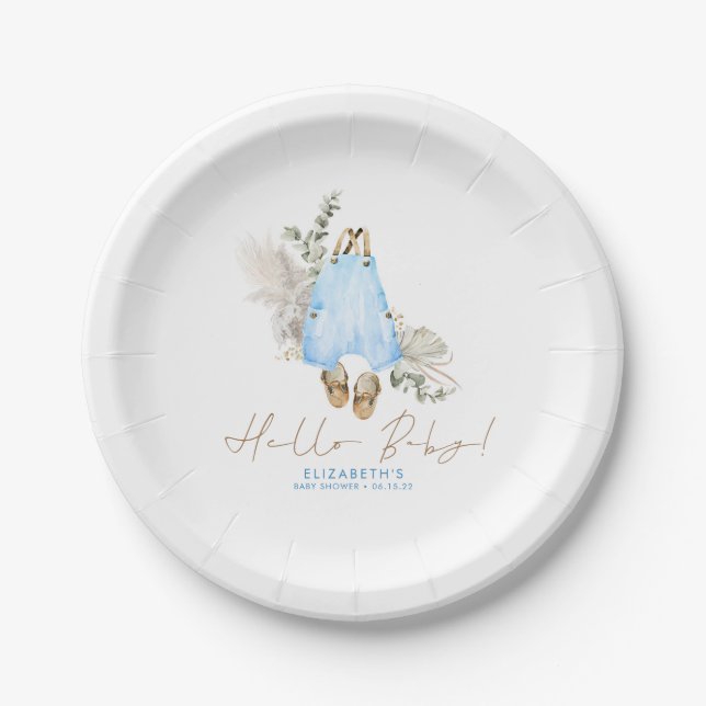 Blue Brown Sage Cute Boy Baby Shower Paper Plates (Front)