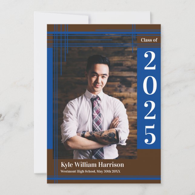 Blue Brown School Color Graduation Photo Plaid Invitation (Front)