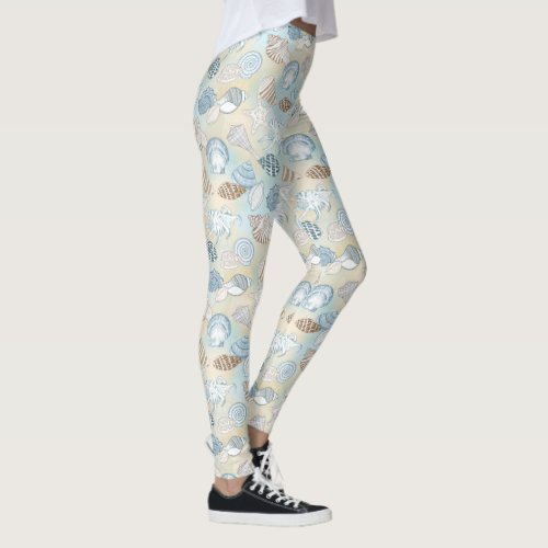 Blue Brown Seashells Pattern Beach Leggings