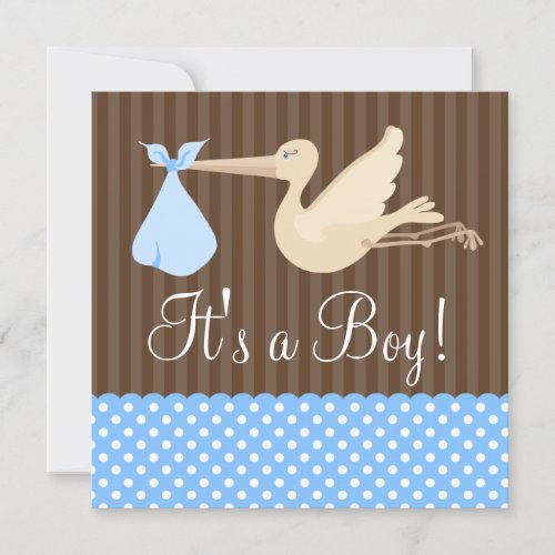 Blue Brown Stork Dots Boy Baby Shower Invitation
