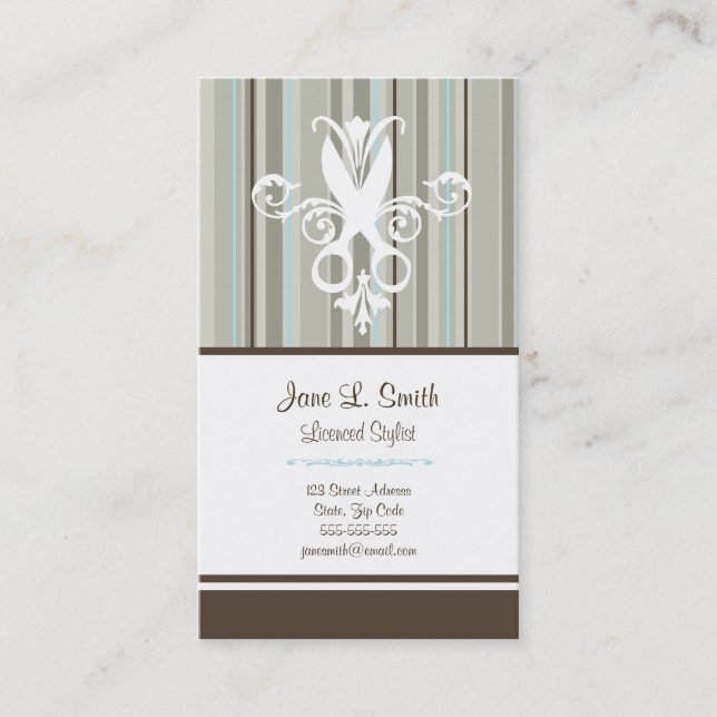 Blue/Brown Stripe Scissors Appointment Card (Front)