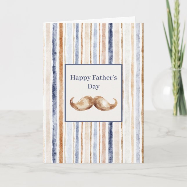 Blue Brown Stripes Cream Mustache Father's Day Card (Front)