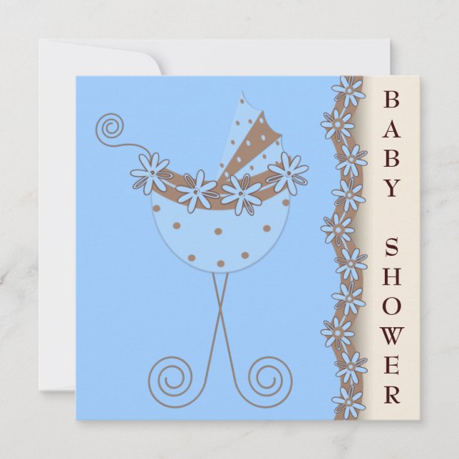 Blue Brown Stroller Blue Brown Baby Boy Shower Invitation (Front)