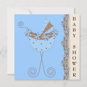Blue Brown Stroller Blue Brown Baby Boy Shower Invitation