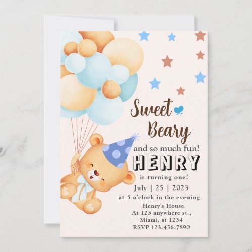 Blue Brown Sweet Bear with Balloons Boys Birthday Invitation