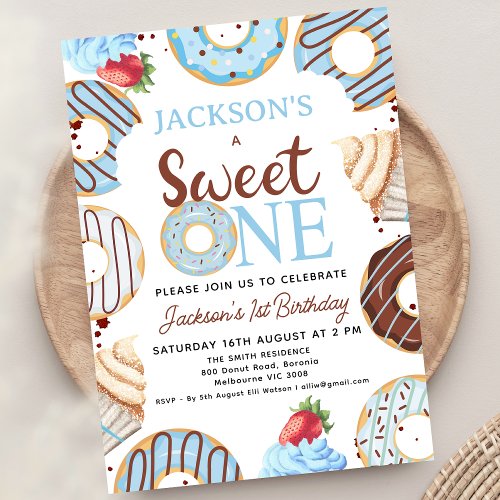 Blue Brown Sweet One Donut Birthday  Invitation